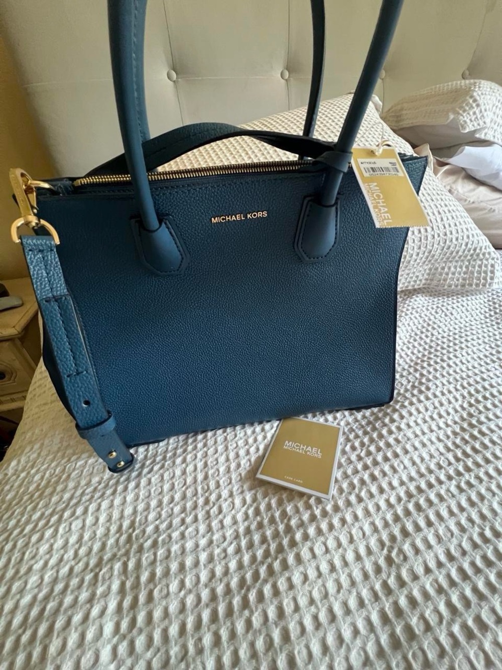 Michael Kors Teal Pebbled Leather Satchel with Gold Hardware